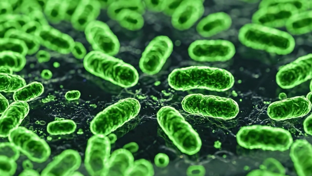 Visualizzazione microscopica di batteri verde brillante in un ambiente di laboratorio, che mostra le loro forme e strutture uniche in piastre di Petri.