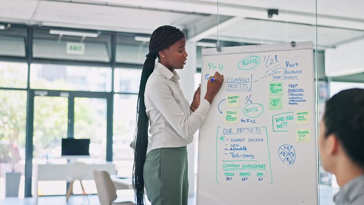 Businesswoman, meeting and whiteboard
