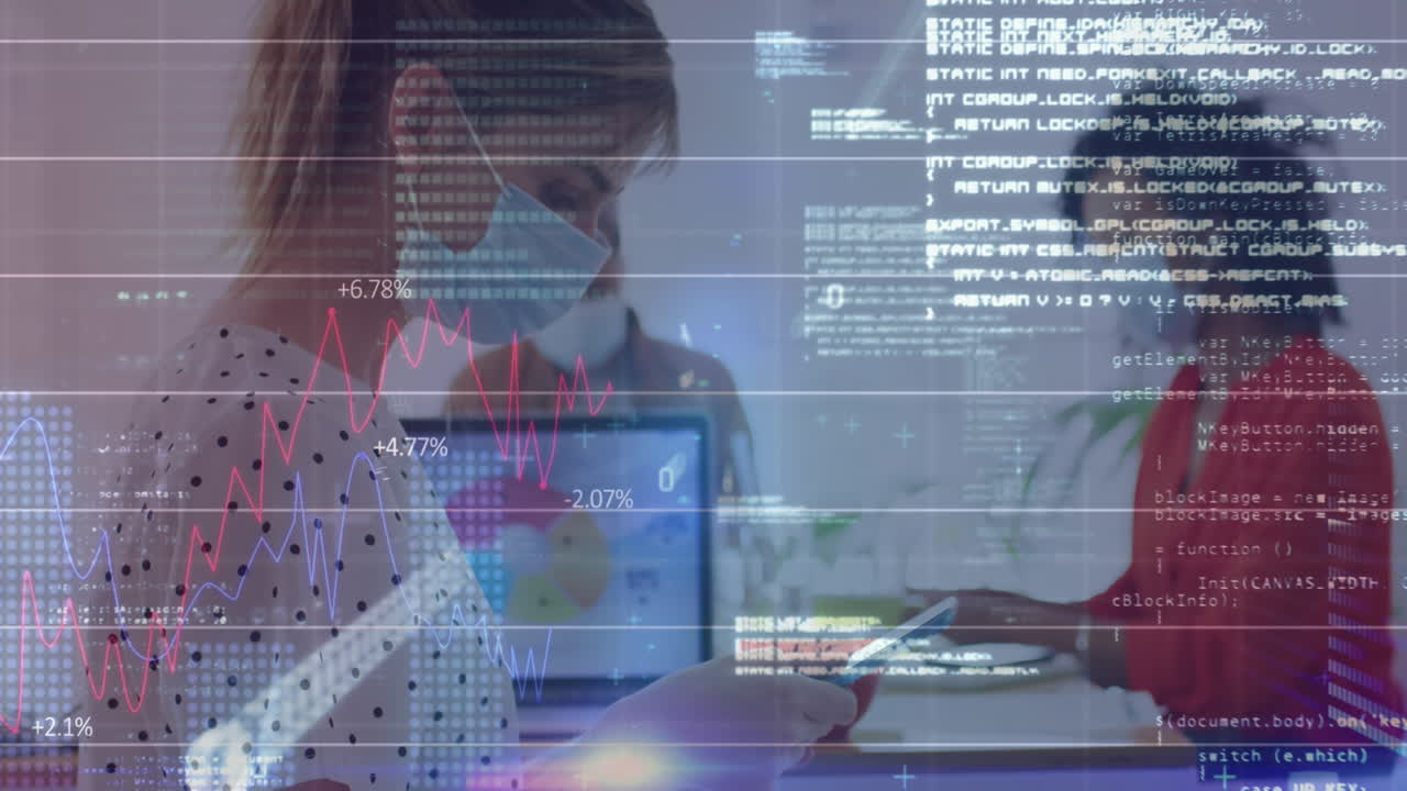 animación de la interfaz digital que muestra estadísticas con colegas en la oficina que usan máscaras faciales