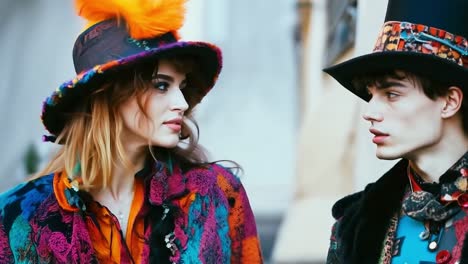 a man and a woman wearing colorful hats and scarves