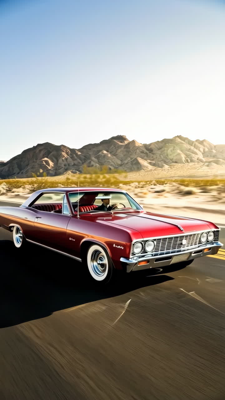 Red Classic Car Driving on Desert Highway