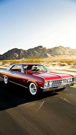 red classic car driving on desert highway