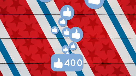 pulgares hacia arriba iconos y 502 gustos cuenta animación sobre fondo rayado rojo y azul