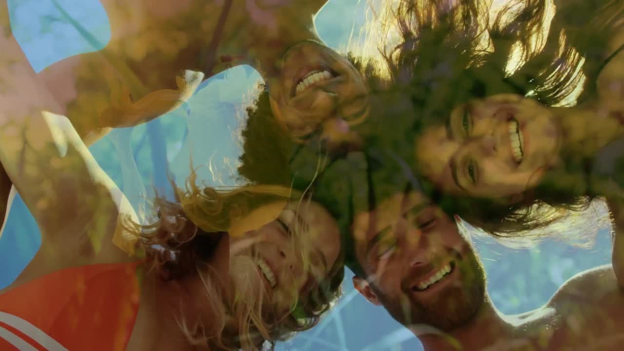 video compuesto de vista de ángulo bajo de un grupo diverso de amigos sonriendo contra la hierba alta