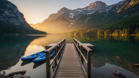 a serene evening at the lake: captivating views of golden hour reflections on calm waters surrounded by majestic mountains and elegant kayaks ready for adventure