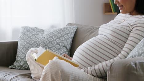 Happy-Pregnant-Woman-Reading-Book-at-Home.pregnancy,-people-and-leisure-concept--happy-smiling-pregnant-asian-woman-sitting-on-sofa-and-reading-book-at-home