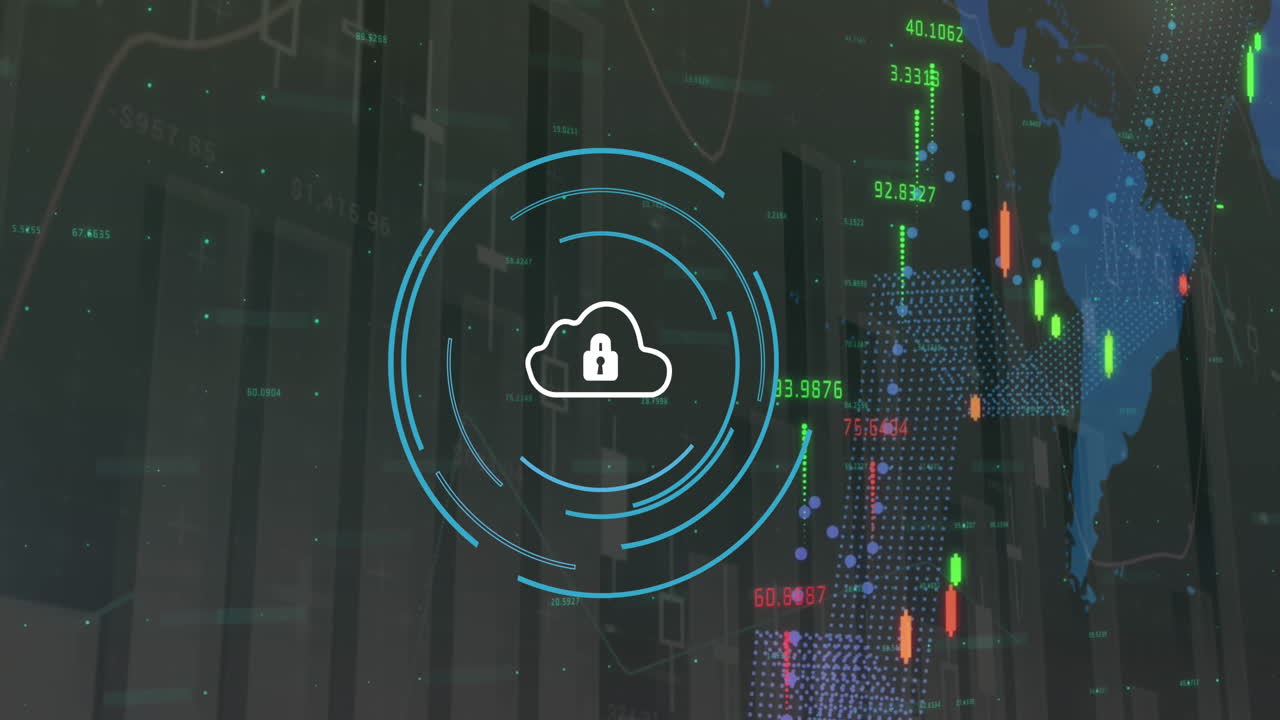 animación del icono del candado de seguridad sobre el procesamiento de datos estadísticos y financieros sobre fondo gris