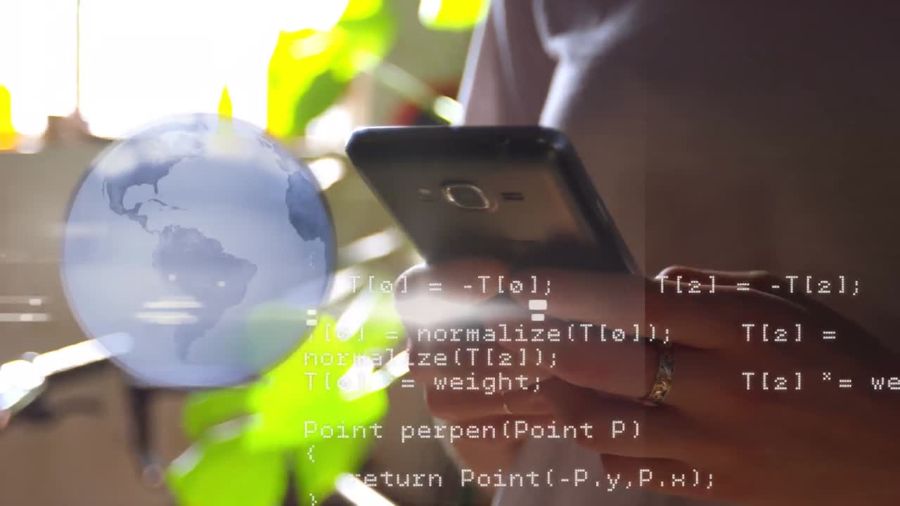 Animation of globe of connections and data processing over woman using smartphone