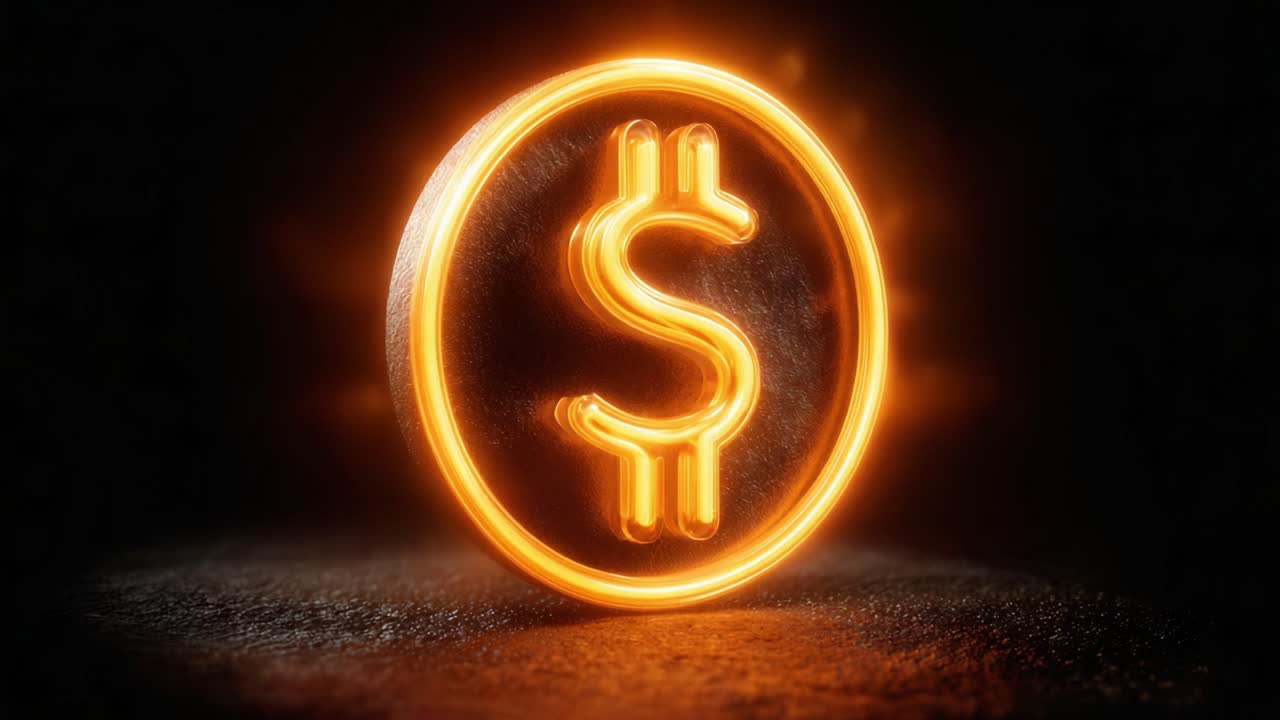 A Glowing Symbol of Wealth and Prosperity: A Vibrant Dollar Coin Illuminates the Darkness with Its Radiant Light and Eye-Catching Design