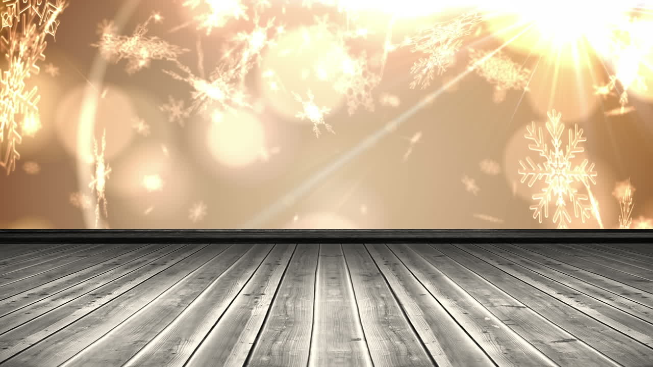 나무 표면과 베이지색 배경에 떨어지는 눈송이의 애니메이션