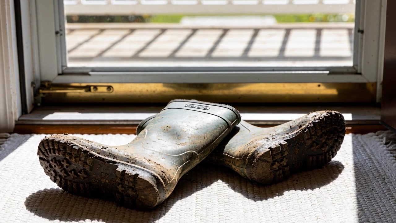 Resting muddy green rubber boots drying crossed on mat at doorway, sunlight streaming