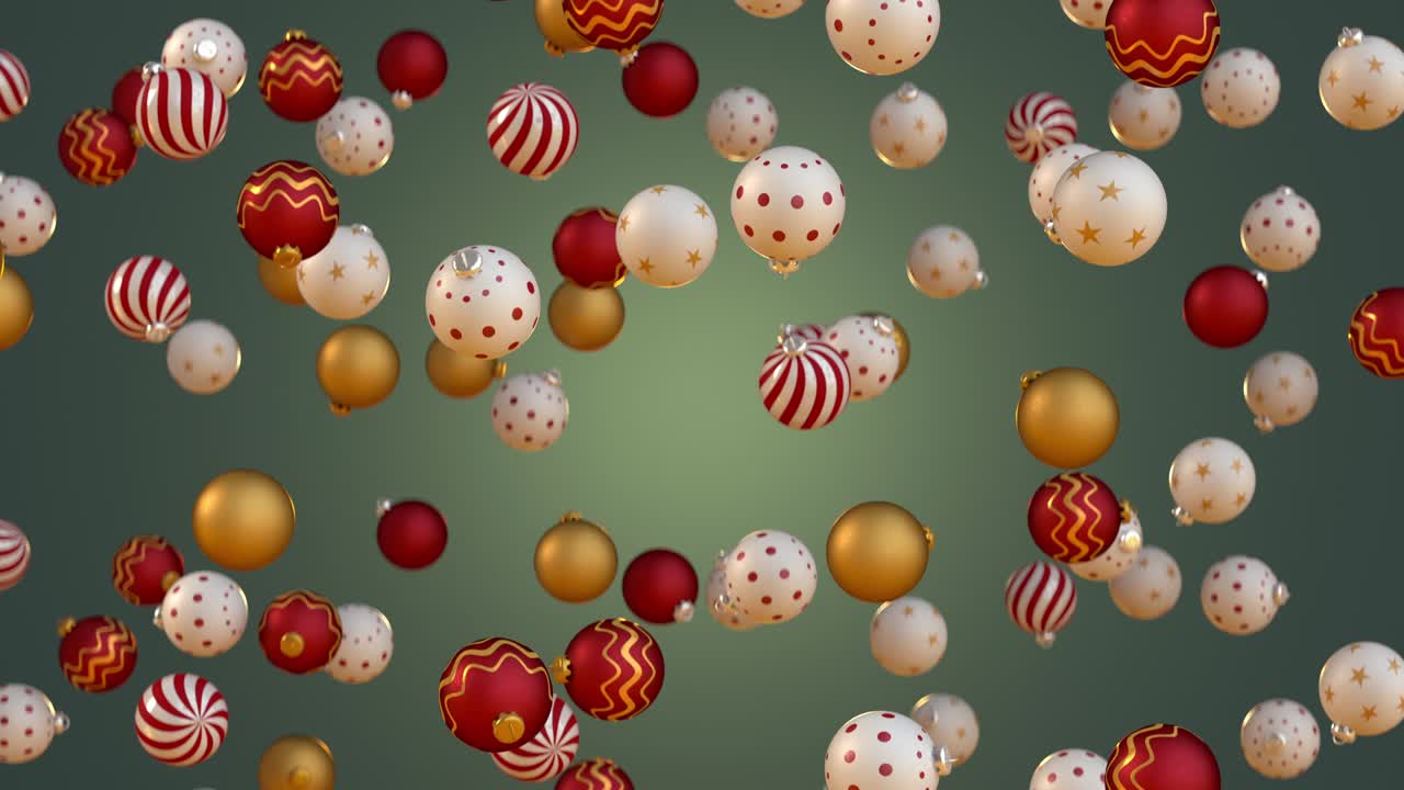 Caduta di palline di Natale, animazione 3D renderizzata in loop continuo.