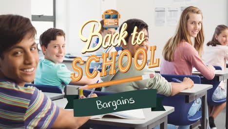 animation of back to school text over schoolkids in classroom