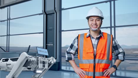 ingeniero asiático con casco de seguridad sonriendo a la cámara con brazos akimbo en una fábrica de alta tecnología, analizando el concepto de máquina robótica