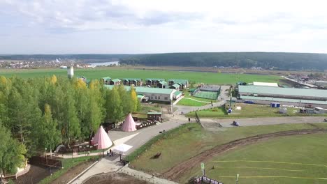 aerial view of a rustic resort complex