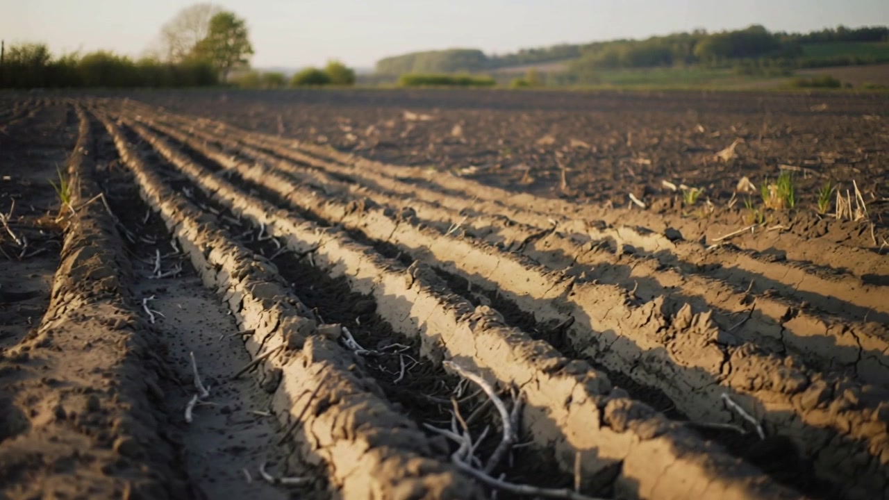 Telecamera a bassa angolazione che si muove attraverso terreni agricoli rurali, rivelando solchi arati illuminati dal sole e germogli.