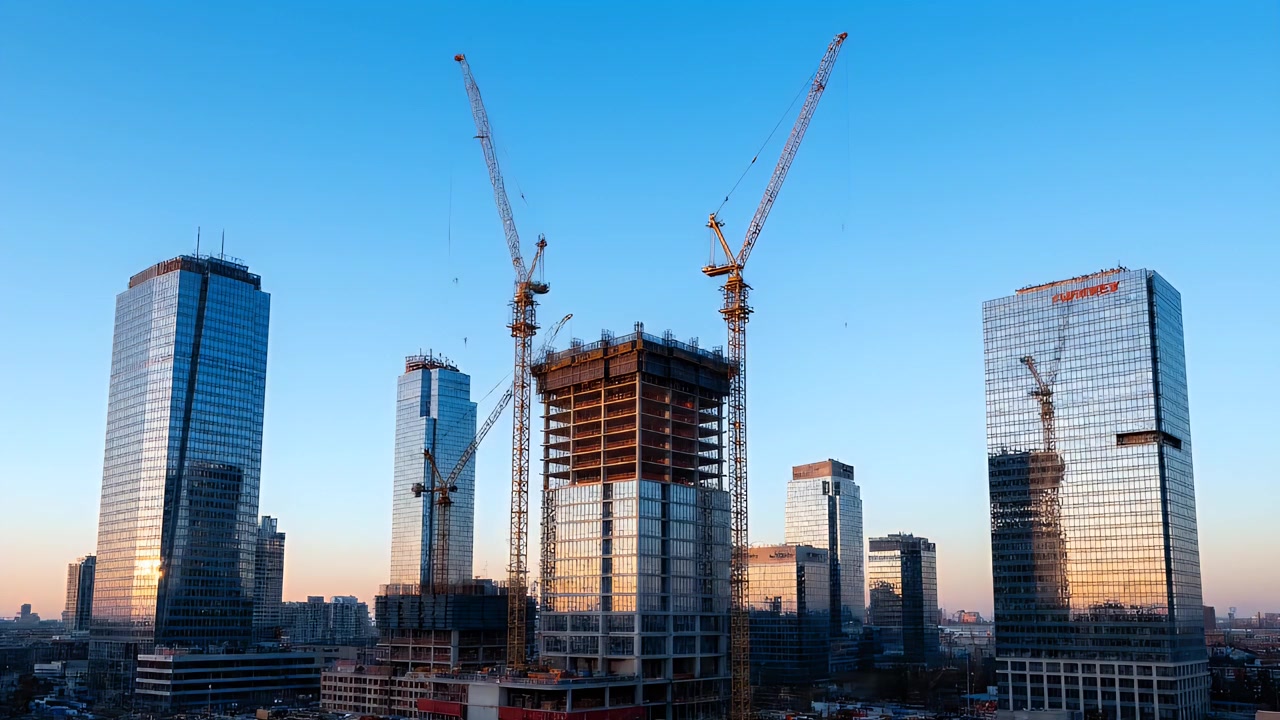 Construction Site with Tower Cranes and Modern Skyscrapers at Sunset