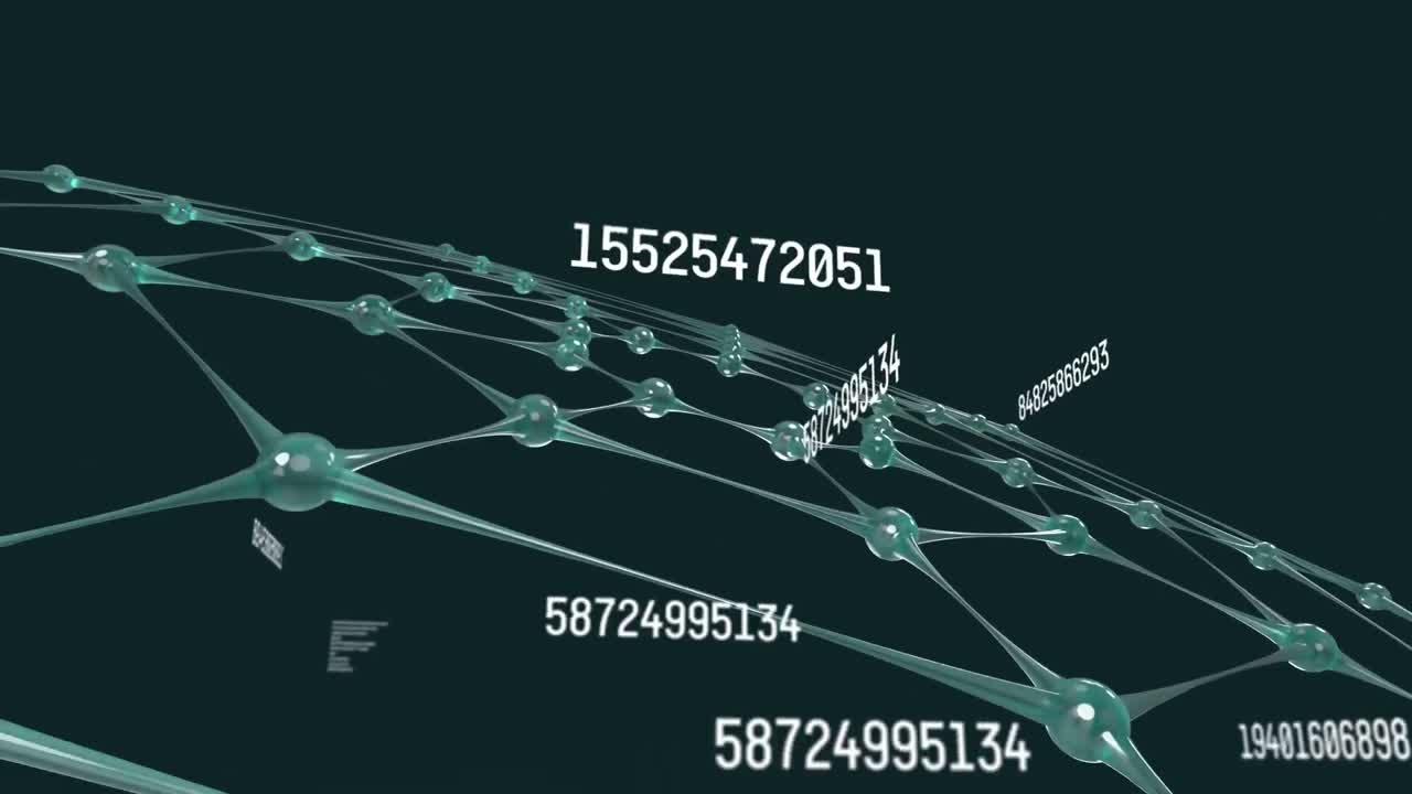 Animation of scientific data processing over web of connections on black background