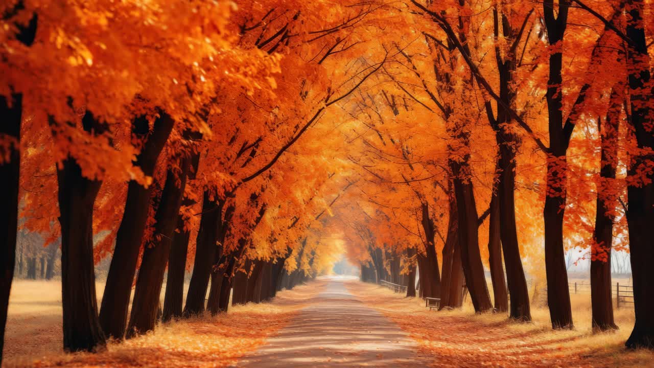 A stunning video still of a tree-lined path in autumn. Captured from a low angle, the vibrant orange