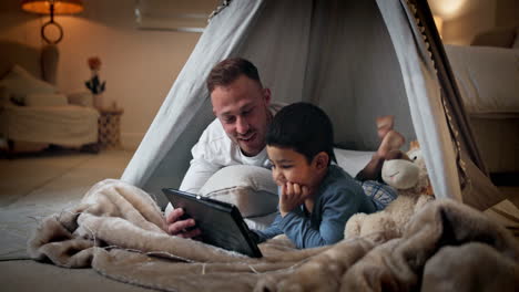 tablet, child and father with bedroom fort