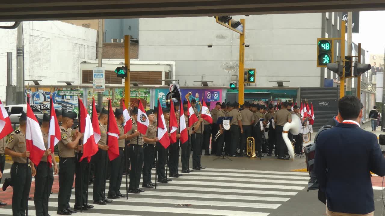 Peruvian Military Band Marching in a City Street Parade