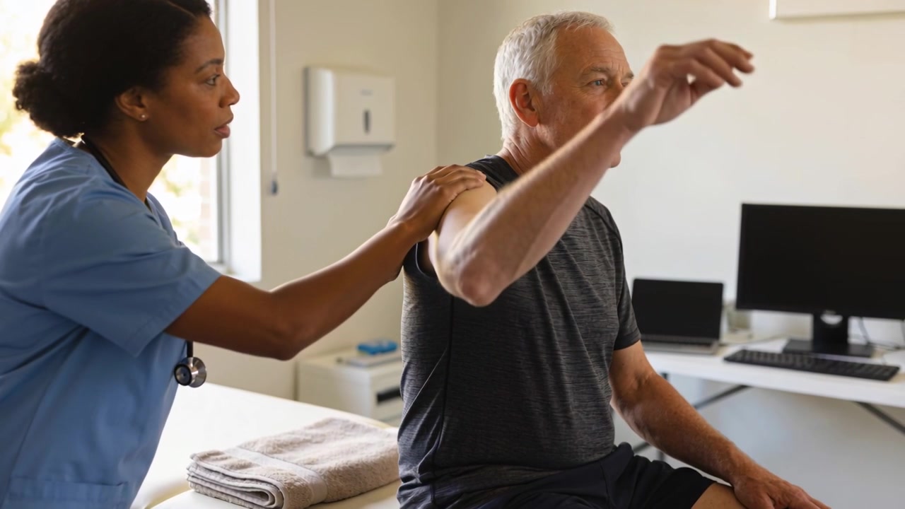 Touching shoulder clinician in scrubs palpating senior lifting arm overhead at clinic testing ROM