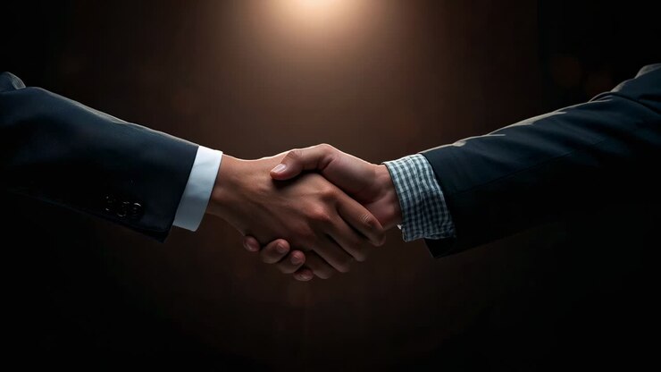 Entering arms from sides performing handshake at studio spotlight, sealing deal with suit cuffs