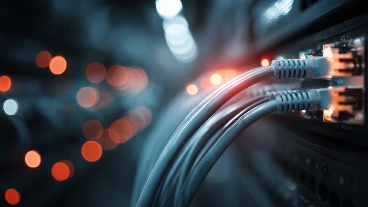 Close-Up of Network Cables Connected to a Server, Highlighting the Interconnectivity and Data Transmission in Modern Digital Infrastructure