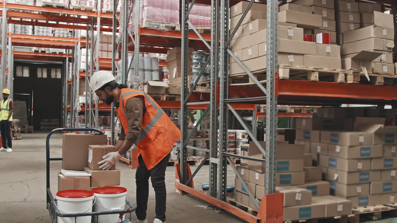 Worker Pushing Cart and Transporting Warehouse Items