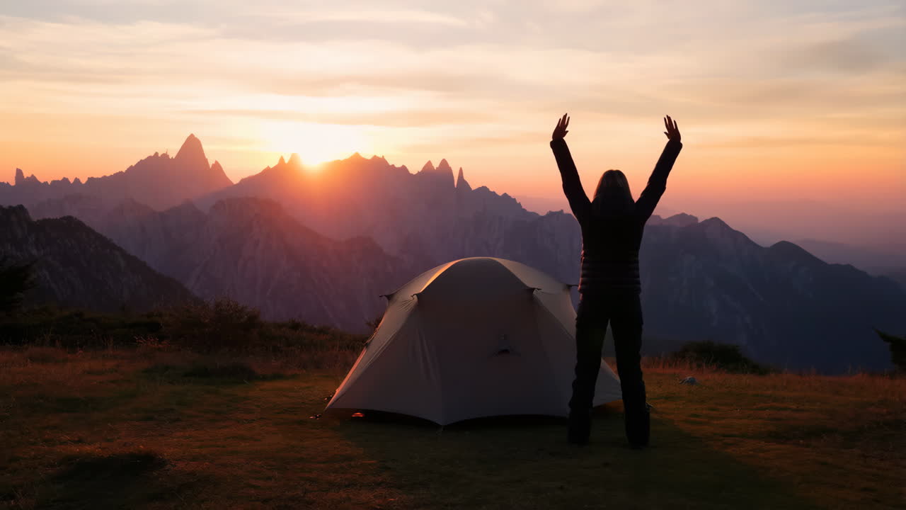 Person Meditating or Stretching Outdoors at Sunrise/Sunset with Mountain View