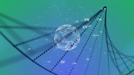 Digital animation of globe with lines and numbers on blue-green gradient background