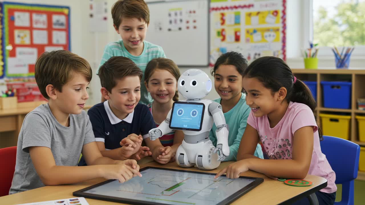 Engaging Children with Technology: A Group of Kids Learning Interaction and Collaboration with a Friendly Educational Robot in a Classroom Environment