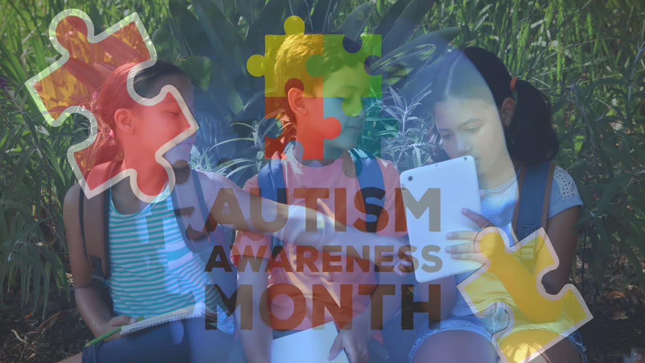 다채로운 퍼즐 조각과 자폐증 텍스트의 애니메이션 어린이 친구들이 전자 장치를 사용합니다.