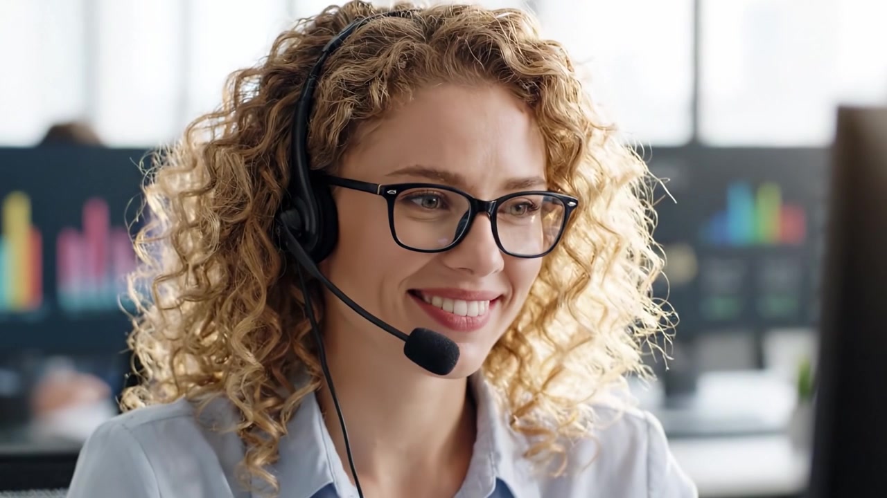 Engaging Call Center Employee Radiates Positivity and Professionalism While Providing Customer Support in a Modern Office Environment