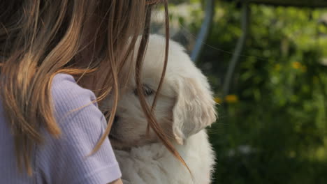 Close-up-of-cute-golden-retriever-puppy-being-held-by-little-blonde-girl