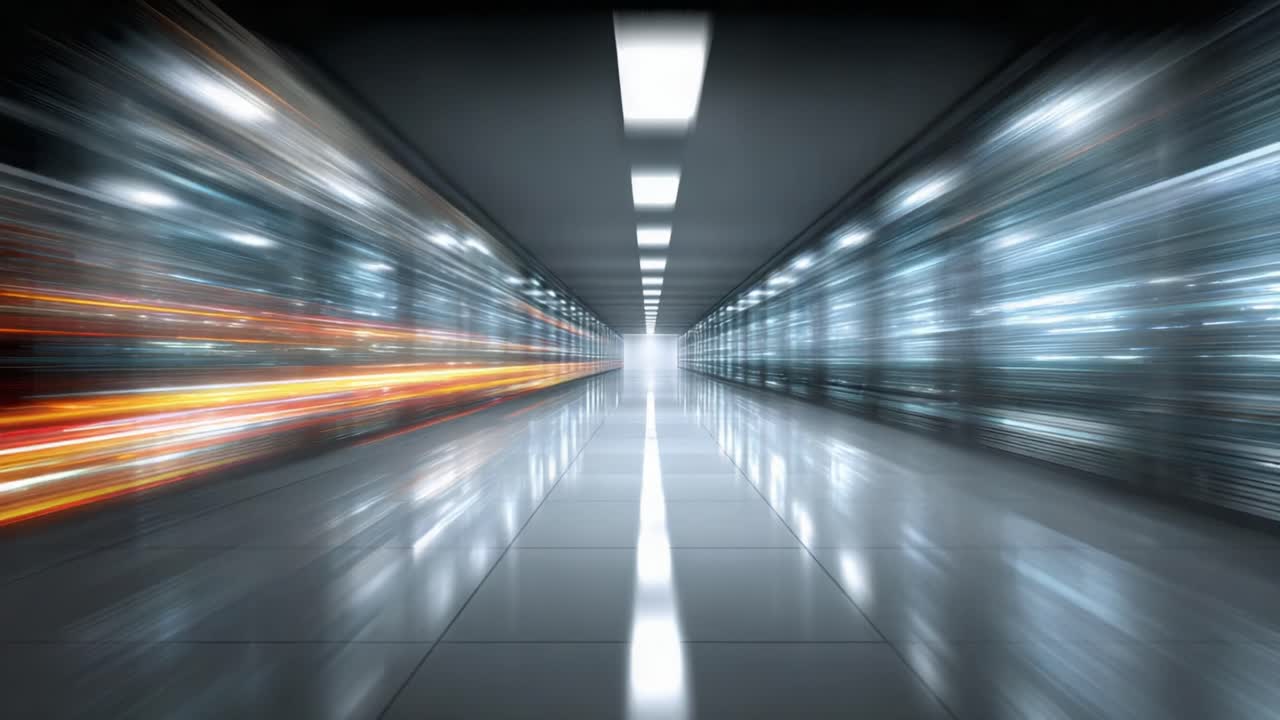 Prospettiva dinamica di un corridoio moderno: un viaggio visivamente coinvolgente attraverso l'illuminazione futuristica e il movimento, catturato in modo vivido in due immagini