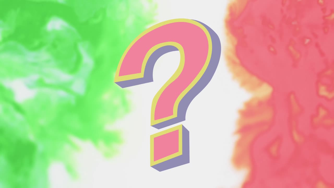 animación de formas en movimiento y signo de interrogación en fondo blanco