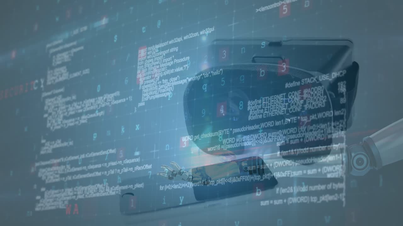 Animation of data processing over vr headset and smartphone in background