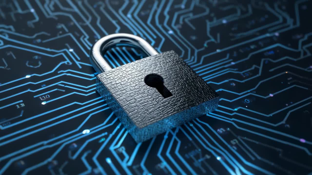 Starting camera sweeping around closed padlock on circuit board, with neon blue lines