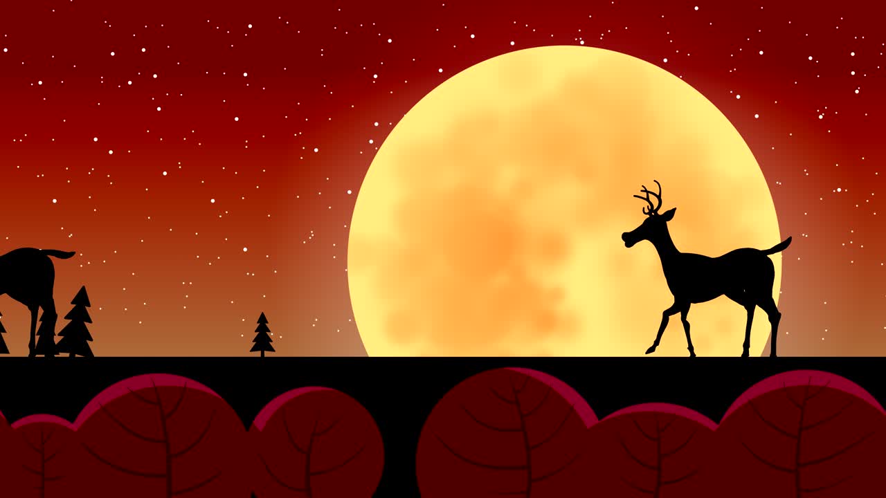 два оленя бегут и прыгают на фоне звездного неба