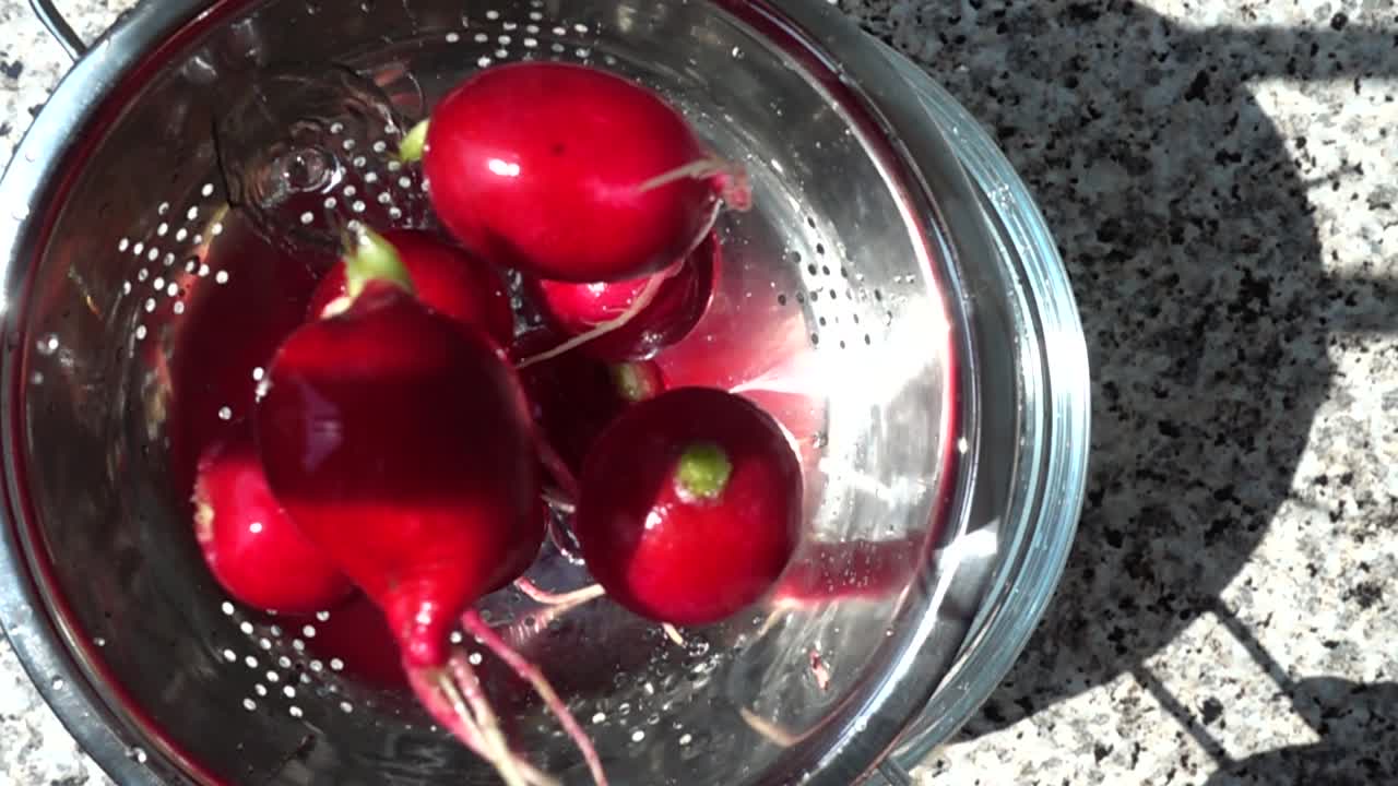 Lancio di un ravanello da giardino in uno scolapasta. Rallentatore