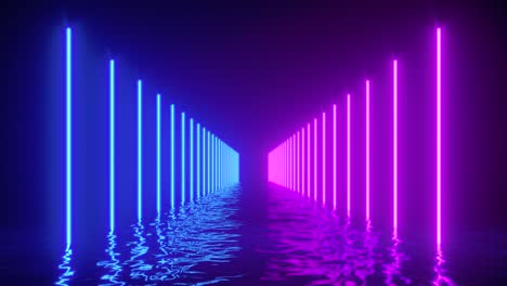 líneas de neón brillantes con reflejos en la superficie del agua. fondo abstracto, ondas, ultravioleta, espectro de colores vibrantes, espectáculo de láser. ilustración de renderizado 3d. video 4k