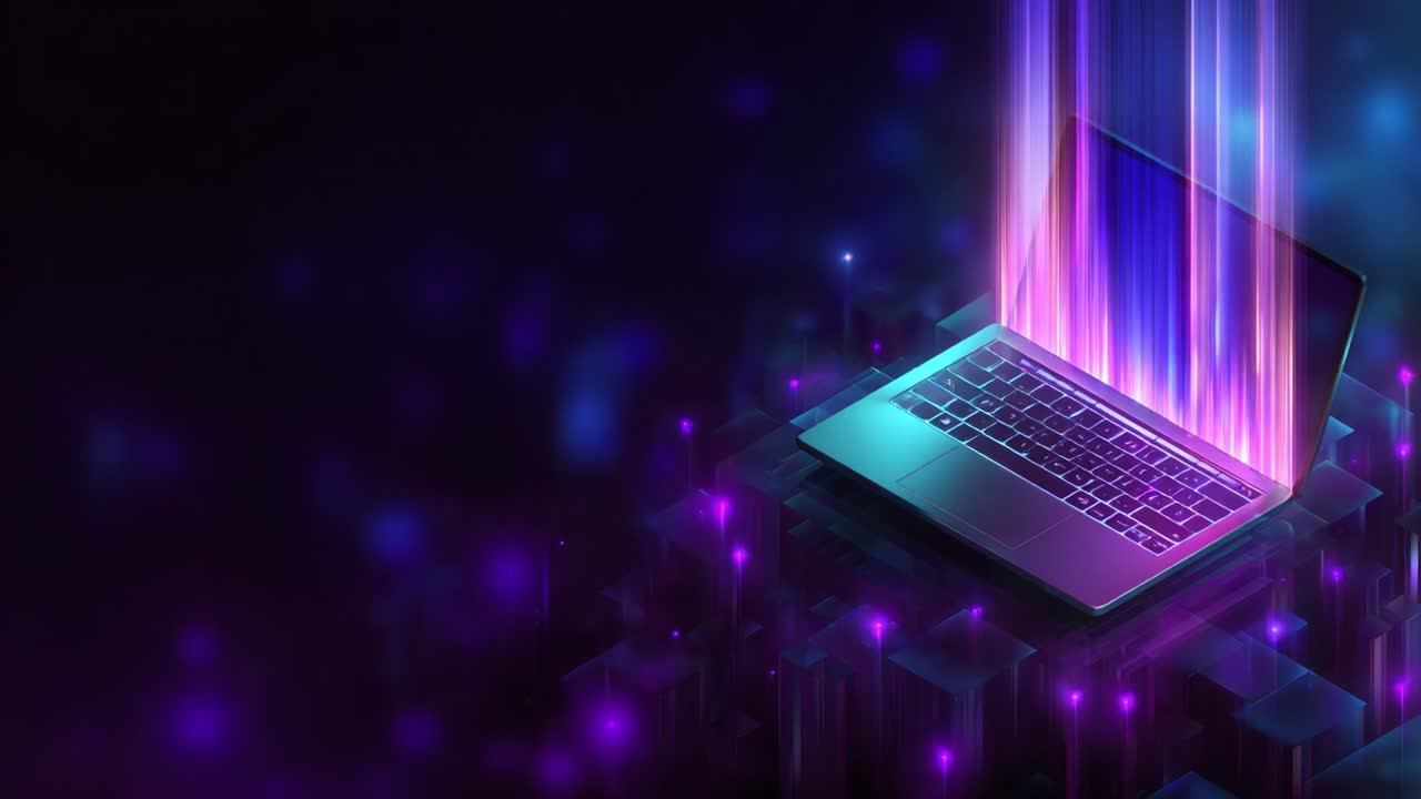 Visual Representation of Digital Transference: A Laptop Poised Above a Vibrant Array of Light Streams and Geometric Shapes Depicting the Concept of Data Flowing into a Cybernetic Realm