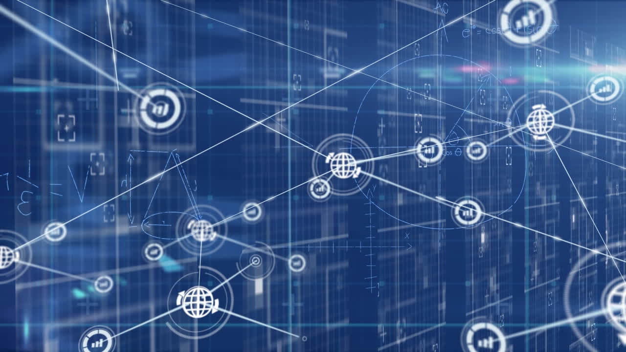 Animation of network of connections with icons over dark background