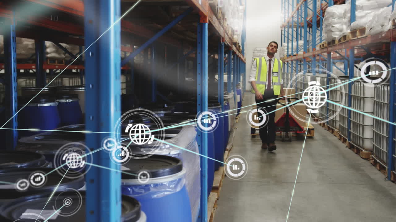 Animation of network of connections over caucasian male worker in warehouse