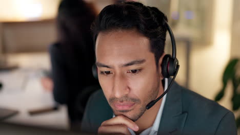 call center, listen and man with a headset