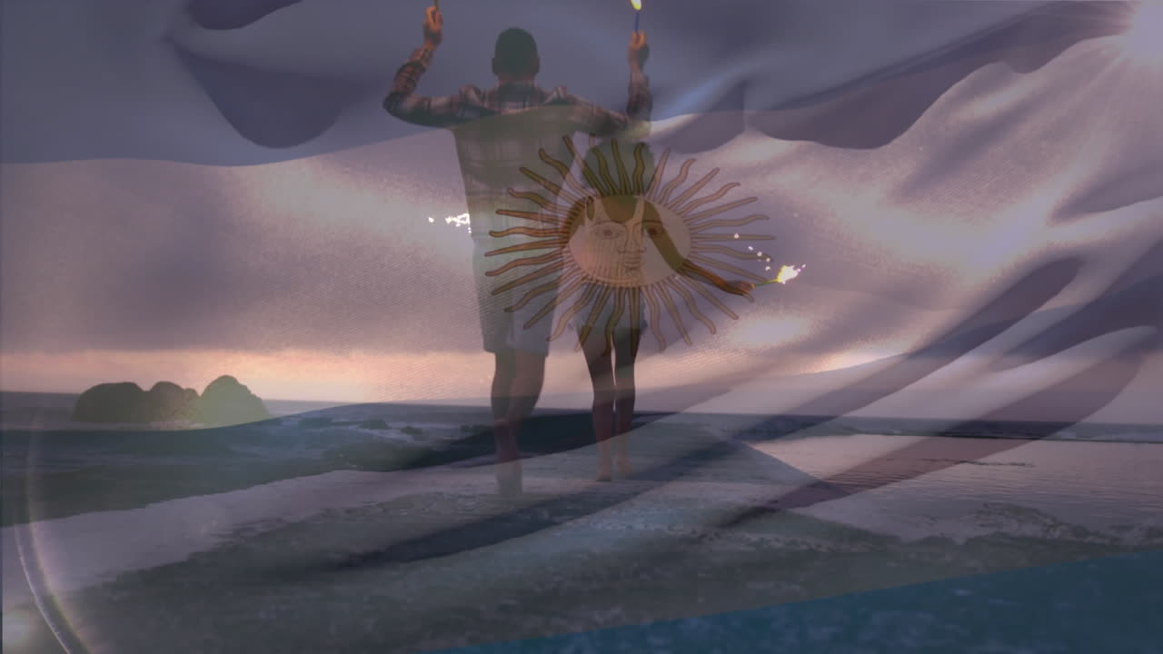 animación de la bandera de argentina sobre una pareja diversa con chispas.