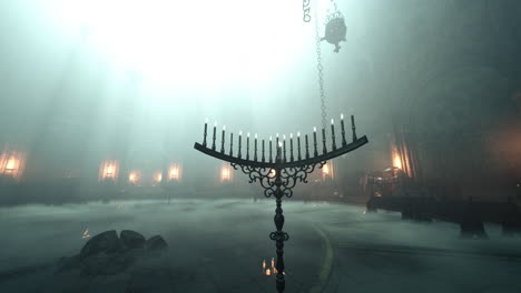 foggy gothic cathedral interior with candles