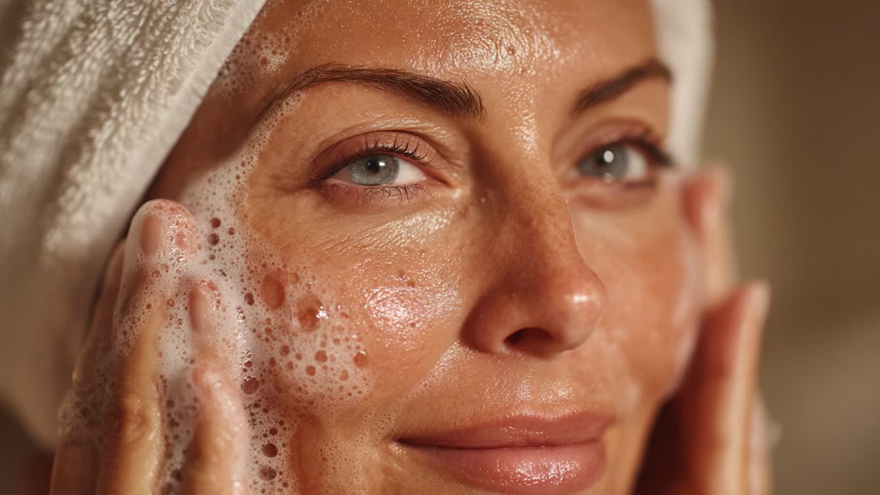 A Close-Up on a Skincare Routine: The Beauty of Cleansing and Pampering with Foamy Lather on the Face, Emphasizing Radiance and Care for Healthy Skin