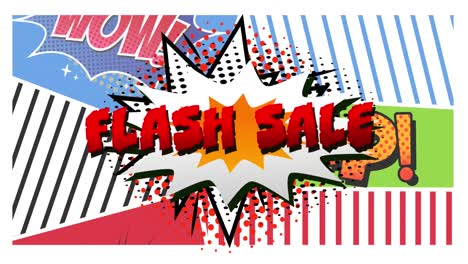 animation of flash sale text and comic texts on white background